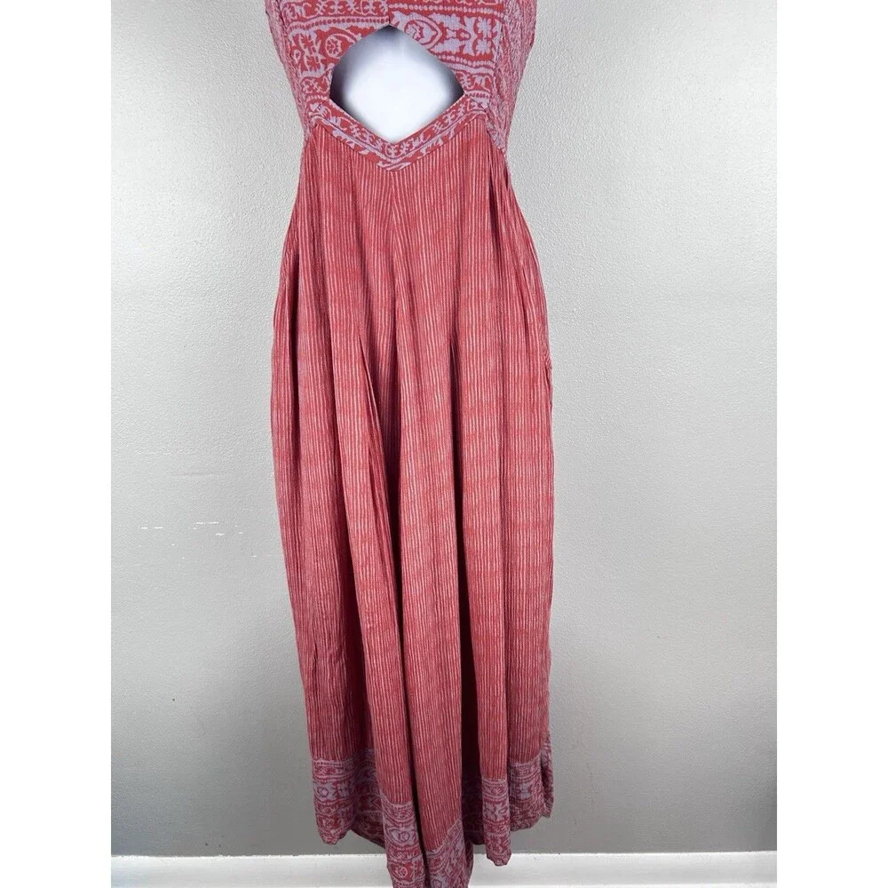 Free People Crystal Bay Wide Leg Jumpsuit Size L Coral Red Halter Smocked Boho